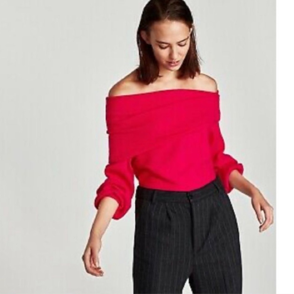 Zara knit Hot Pink Ribbed Bandeau Sweater Off the Shoulder
